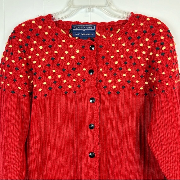 Vintage Herman Geist 100% Wool Red Brown Tan Hand Embroidered Cardigan Size M - Picture 3 of 13